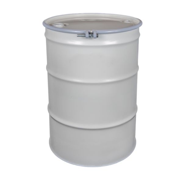55 Gallon Open Head Epoxy Phenolic Steel Drum with Bolt Ring Cover - White