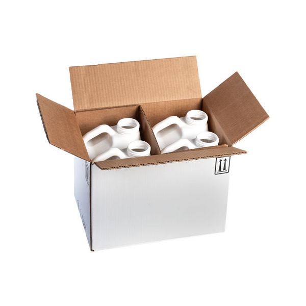 Four white plastic f-style bottles in 4G shipping box.