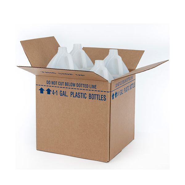 Shipping box including four 1 gallon plastic round bottles.