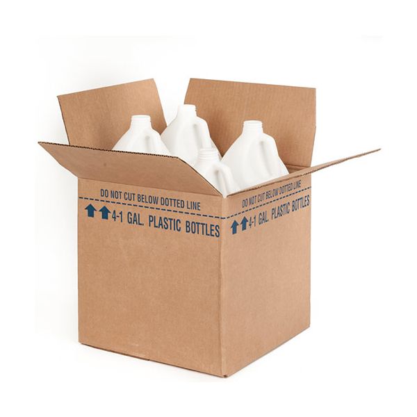 Four 1 gallon white, round, plastic bottles contained inside of a shipping box.