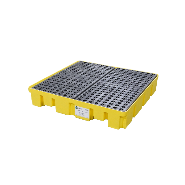 4 Drum Spill Containment Pallet with Drain – Slim Line, Yellow