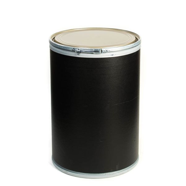 This is a black 30 gallon fiber drum with a steel cover and lever lock ring.