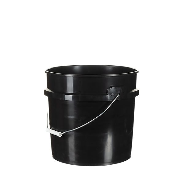 Black plastic 3.5 gallon regrind pail with carrying handle.
