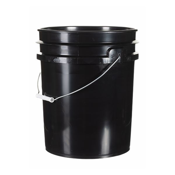 5 gallon plastic regrind pail in black with carrying handle.