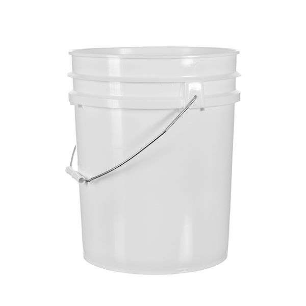 White 5 gallon regrind plastic pail with carrying handle.