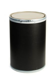 This is a black 30 gallon fiber drum with a steel cover and lever lock ring.