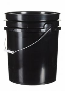 5 gallon plastic regrind pail in black with carrying handle.