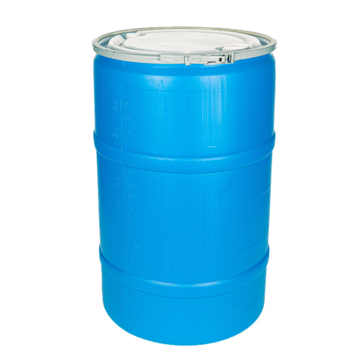 55 Gallon Plastic Drum Natural Cover with Lever Lock and Fittings - Blue