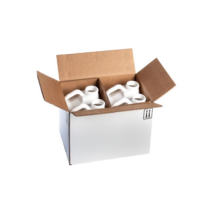 Four white plastic f-style bottles in 4G shipping box.