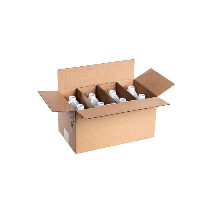 8 pack of 1/2 gallon round plastic bottles in shipping box.