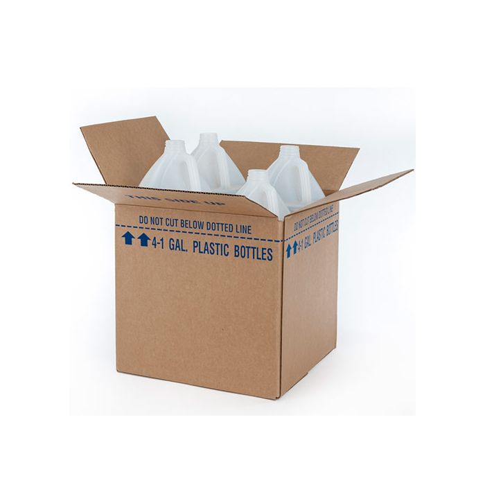 Shipping box including four 1 gallon plastic round bottles.