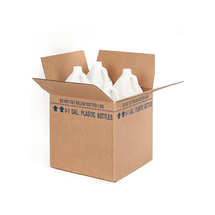 Four 1 gallon white, round, plastic bottles contained inside of a shipping box.