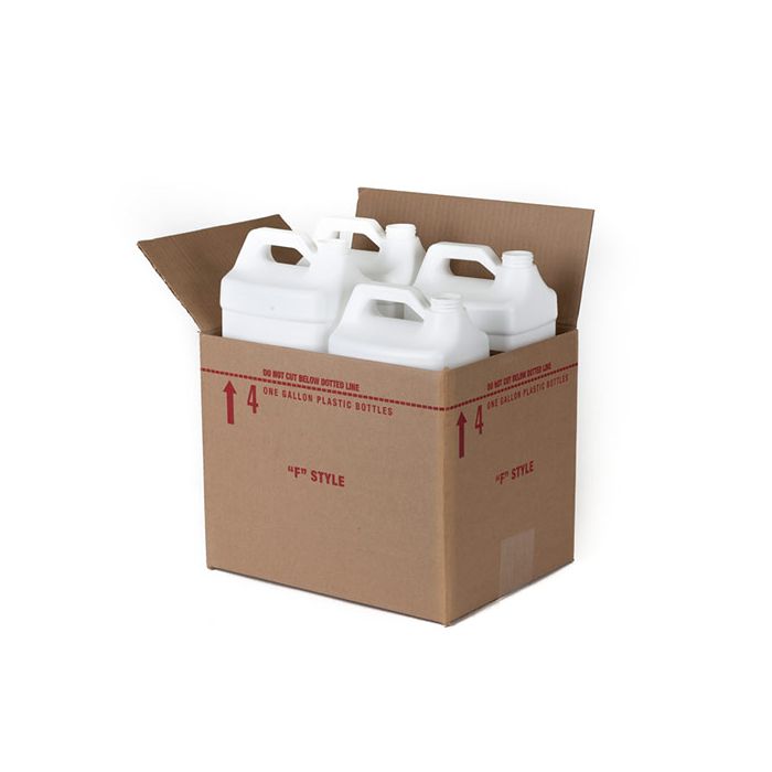Four 1 gallon F-style bottles contained in a shipping box. The bottles are made of white HDPE plastic.