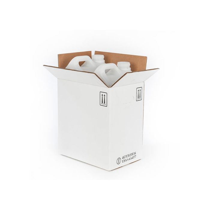 2.5 gallon F-style bottles inside of a 4G cardboard shipping box.