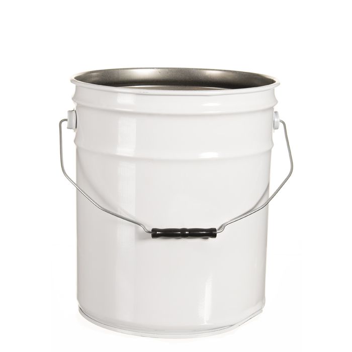 5 gallon open head steel pail that is white in color.