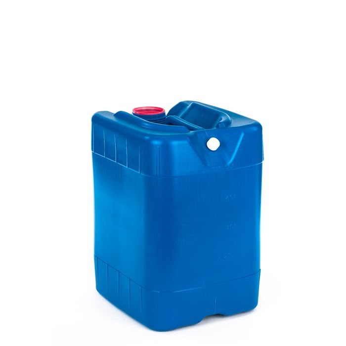 5 gallon closed head plastic pail that is blue in color. Front view.