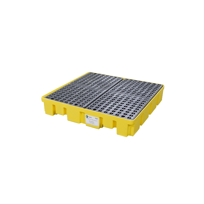 4 Drum Spill Containment Pallet with Drain – Slim Line, Yellow