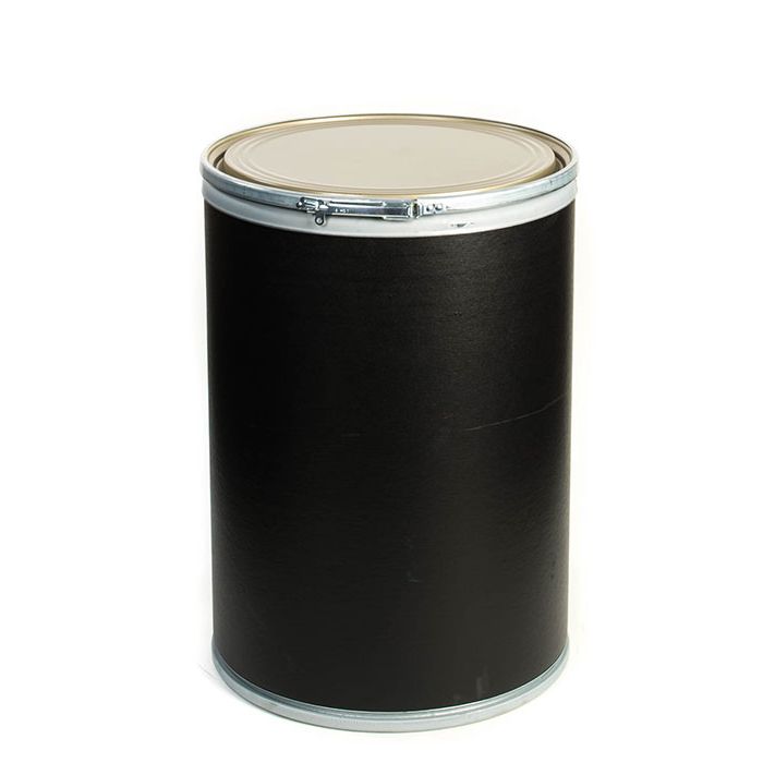 This is a black 30 gallon fiber drum with a steel cover and lever lock ring.