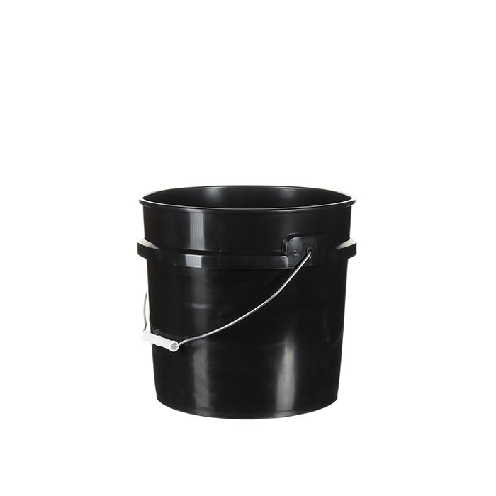Black plastic 3.5 gallon regrind pail with carrying handle.