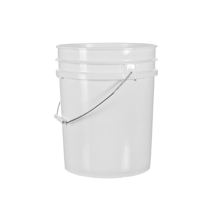 White 5 gallon regrind plastic pail with carrying handle.