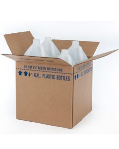 Shipping box including four 1 gallon plastic round bottles.