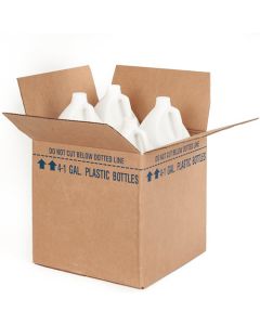 Four 1 gallon white, round, plastic bottles contained inside of a shipping box.