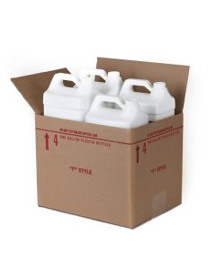 Four 1 gallon F-style bottles contained in a shipping box. The bottles are made of white HDPE plastic.