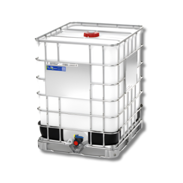 330 gallon natural HDPE IBC tote with 2 inch ball valve and galvanized steel cage