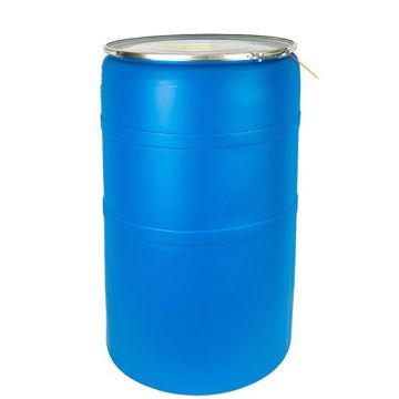 57 Gallon Poly Drum, Open Head, Lever Lock, UN Rated, Blue/White