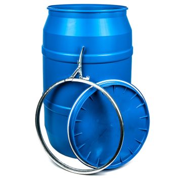 55 Gallon Blue Plastic Drum, Open Head, UN Rated, Lever Lock