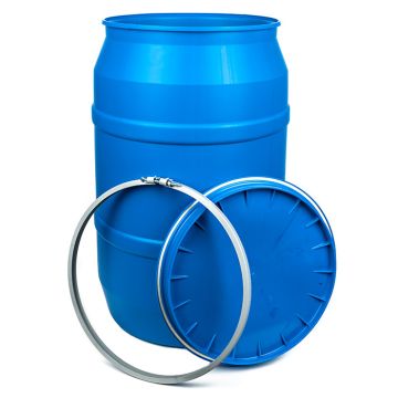 55 Gallon Plastic Drum, Open Head, UN Rated, Bolt Ring - Blue