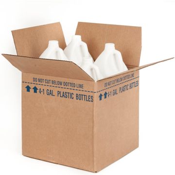 Four 1 gallon white, round, plastic bottles contained inside of a shipping box.