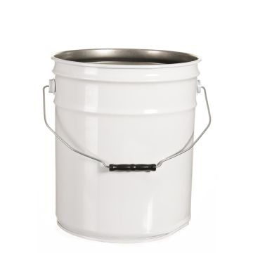 5 gallon open head steel pail that is white in color.
