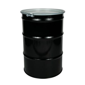 55 Gallon Steel Drum, Open Head, Steel Cover, Bolt Ring, UN Rated – Black w/ White Cover