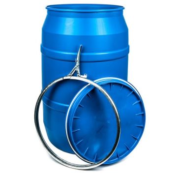 55 Gallon Plastic Drum, Open Head, UN Rated, Lever Lock, Blue