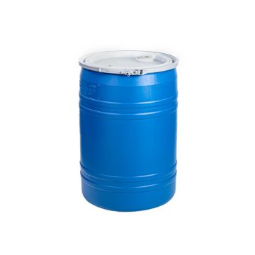 Blue 30 gallon plastic drum with lever lock ring cover.
