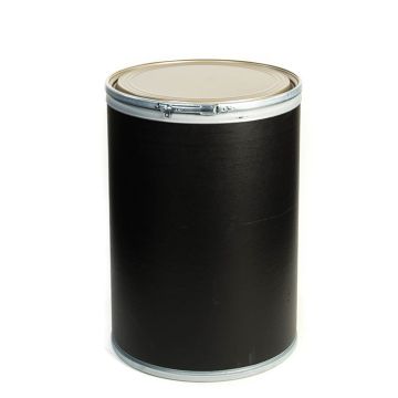 This is a black 30 gallon fiber drum with a steel cover and lever lock ring.