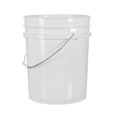 White 5 gallon regrind plastic pail with carrying handle.