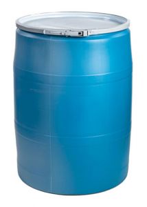 Blue plastic 55 gallon open head drum with lever locking cover.