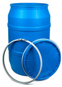 55 Gallon UN Rated Open Head Plastic Drum with Plain Bolt Ring Cover - Blue