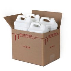 Four 1 gallon F-style bottles contained in a shipping box. The bottles are made of white HDPE plastic.