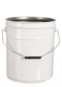 5 gallon open head steel pail that is white in color.