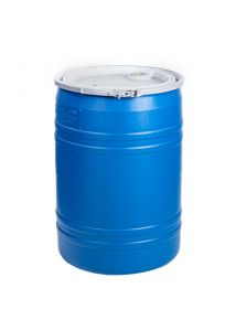 Blue 30 gallon plastic drum with lever lock ring cover.