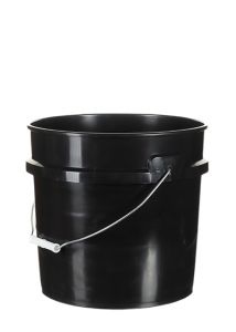 Black plastic 3.5 gallon regrind pail with carrying handle.