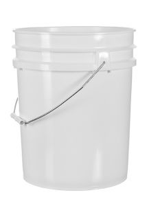 White 5 gallon regrind plastic pail with carrying handle.