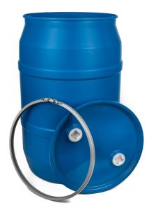 55 Gallon Plastic Drum, Open Head, UN Rated, Bolt, Fittings - Blue